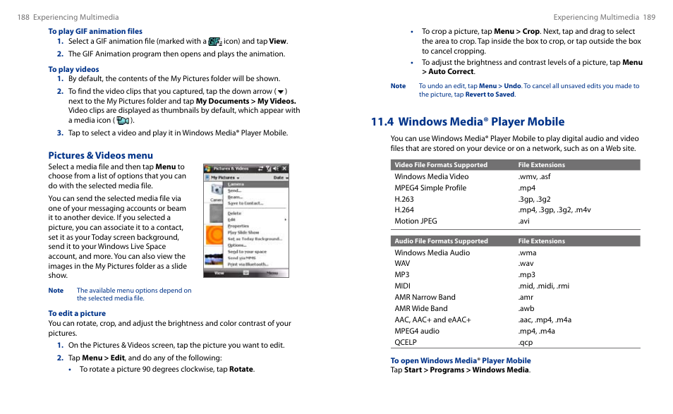 4 windows media® player mobile, Pictures & videos menu | HTC Touch HS S00 User Manual | Page 106 / 135