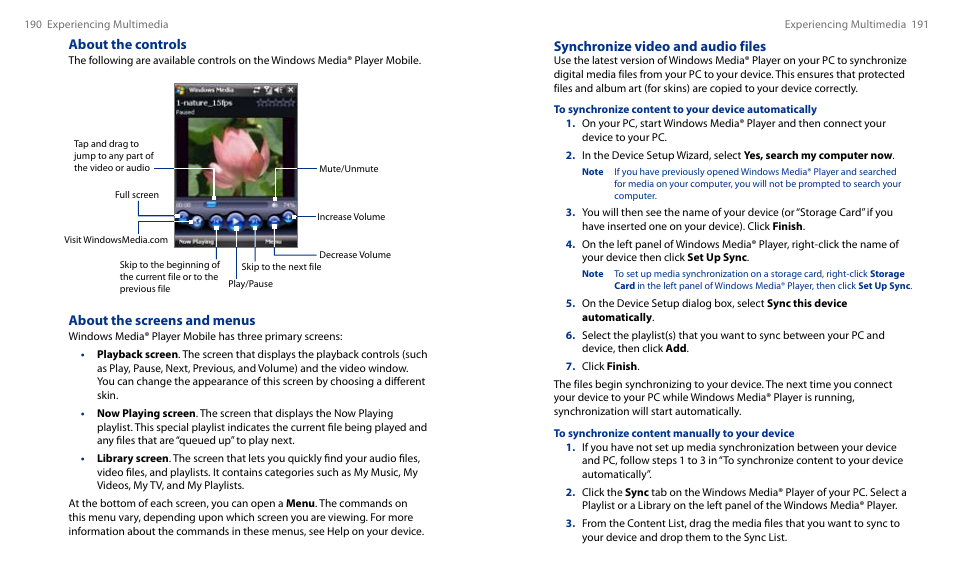 Synchronize video and audio files, About the controls, About the screens and menus | HTC Touch HS S00 User Manual | Page 107 / 135