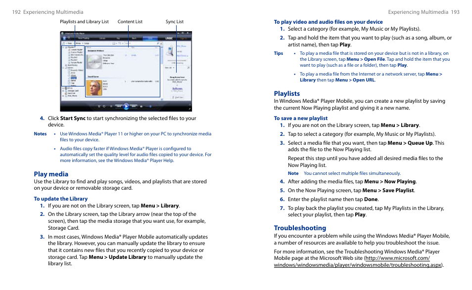 Playlists, Troubleshooting, Play media | HTC Touch HS S00 User Manual | Page 108 / 135