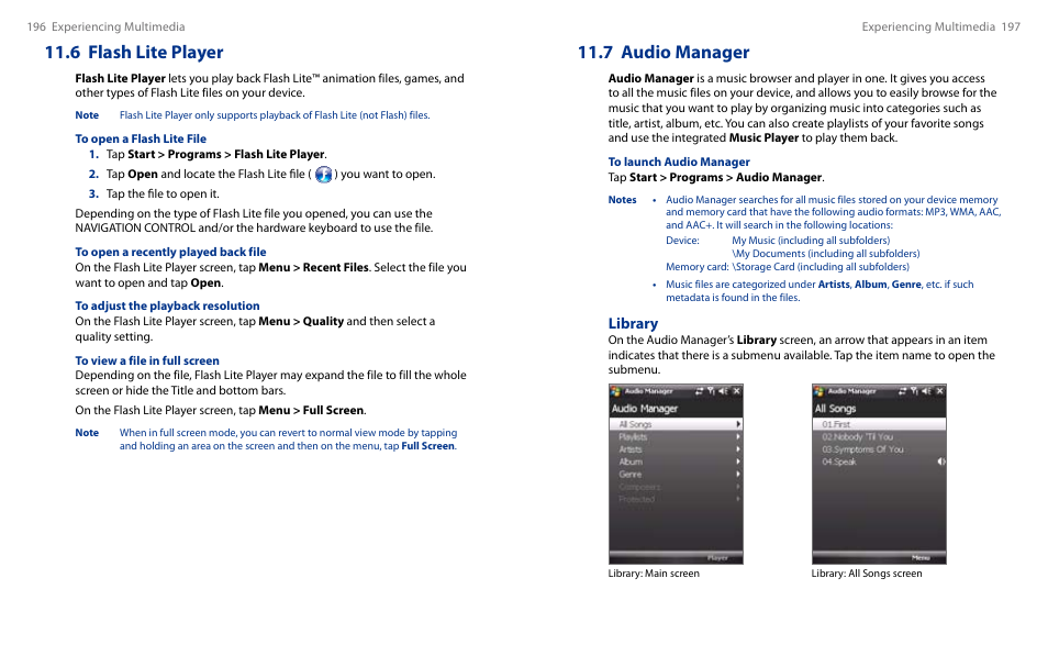 6 flash lite player, 7 audio manager, Library | HTC Touch HS S00 User Manual | Page 110 / 135