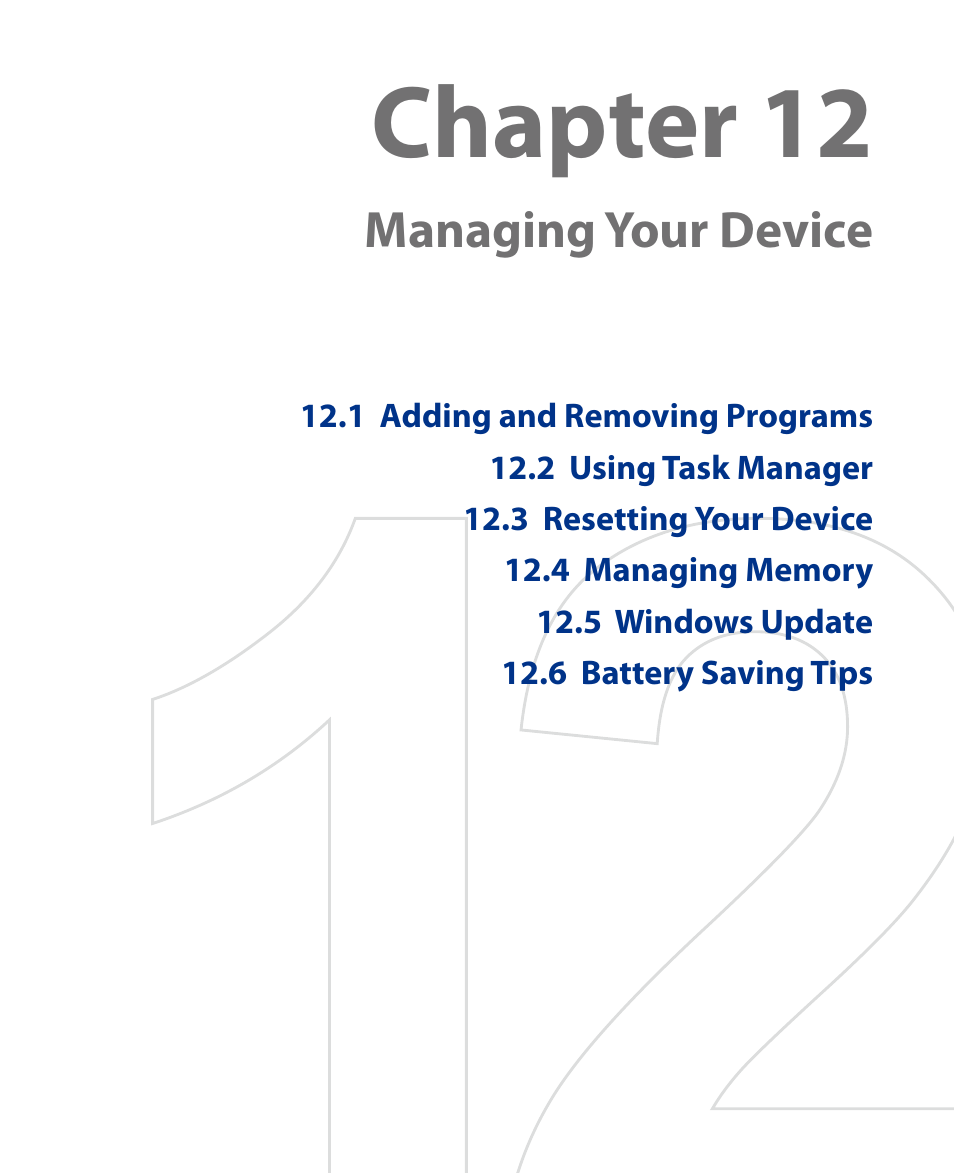 Chapter 12, Managing your device | HTC Touch HS S00 User Manual | Page 115 / 135