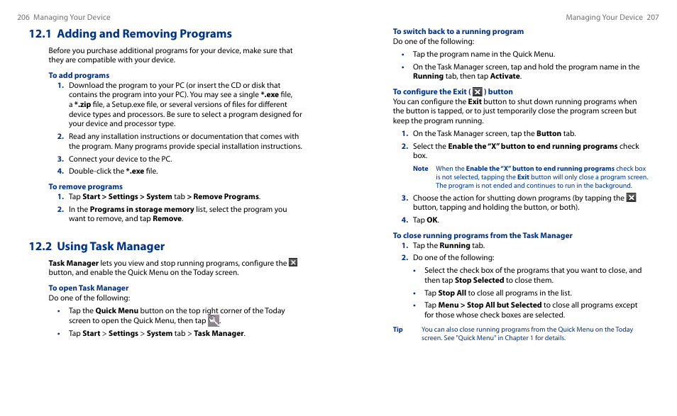 1 adding and removing programs, 2 using task manager | HTC Touch HS S00 User Manual | Page 116 / 135