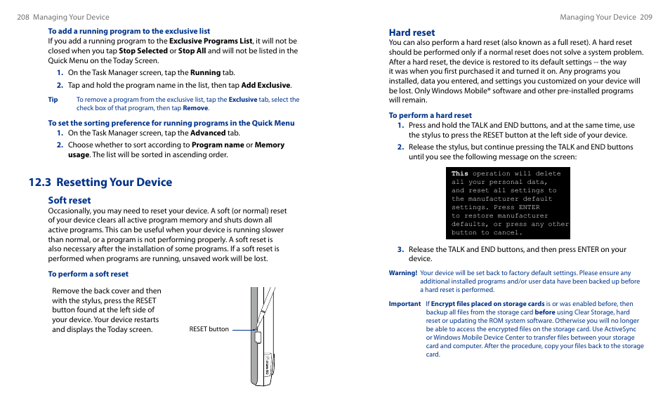 3 resetting your device, Hard reset, Soft reset | HTC Touch HS S00 User Manual | Page 117 / 135