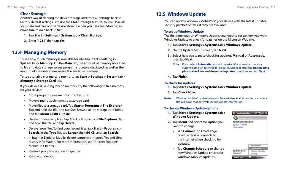 4 managing memory, 5 windows update, Clear storage | HTC Touch HS S00 User Manual | Page 118 / 135