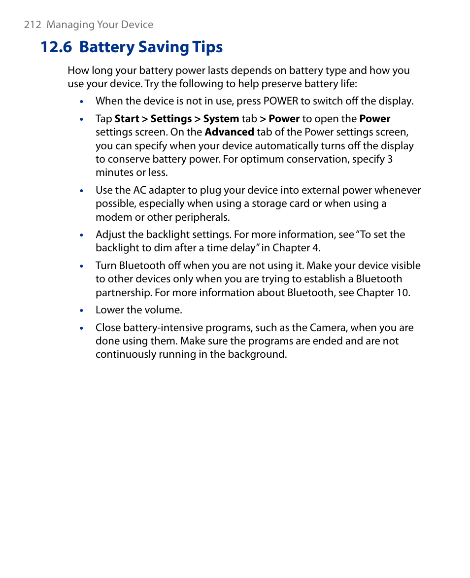6 battery saving tips | HTC Touch HS S00 User Manual | Page 119 / 135