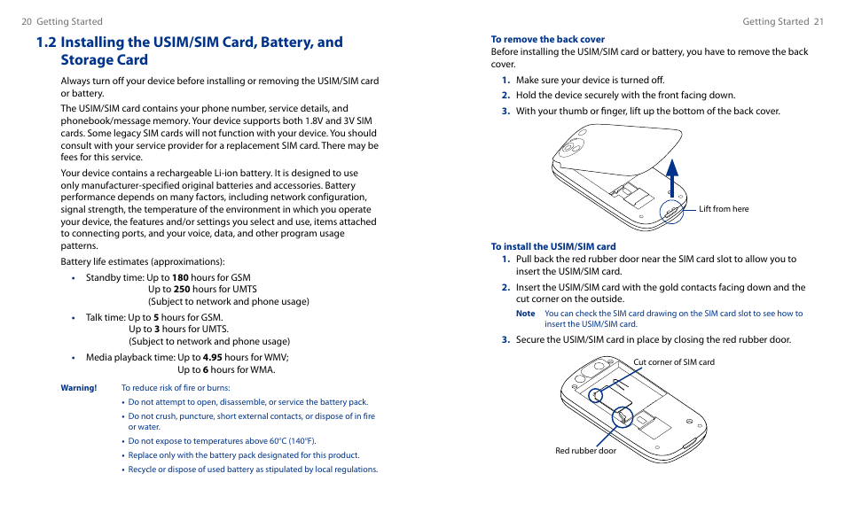 2 installing the usim/sim card, battery, And storage card | HTC Touch HS S00 User Manual | Page 12 / 135