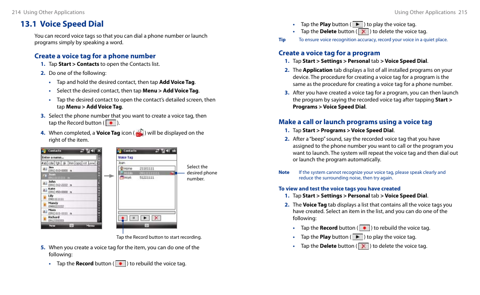 1 voice speed dial, Create a voice tag for a program, Make a call or launch programs using a voice tag | Create a voice tag for a phone number | HTC Touch HS S00 User Manual | Page 121 / 135