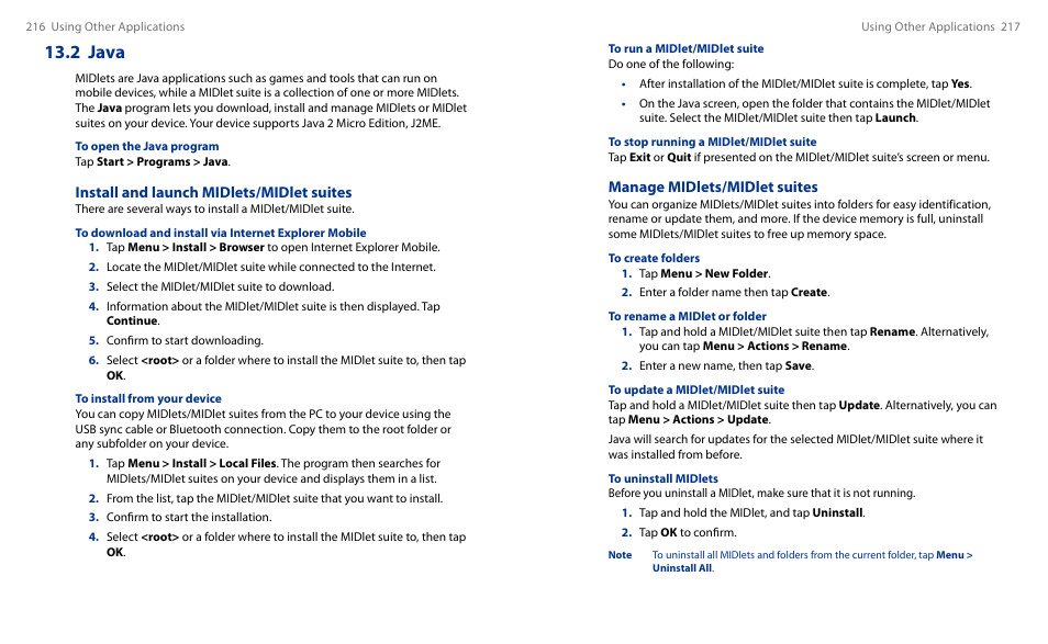2 java, Manage midlets/midlet suites, Install and launch midlets/midlet suites | HTC Touch HS S00 User Manual | Page 122 / 135