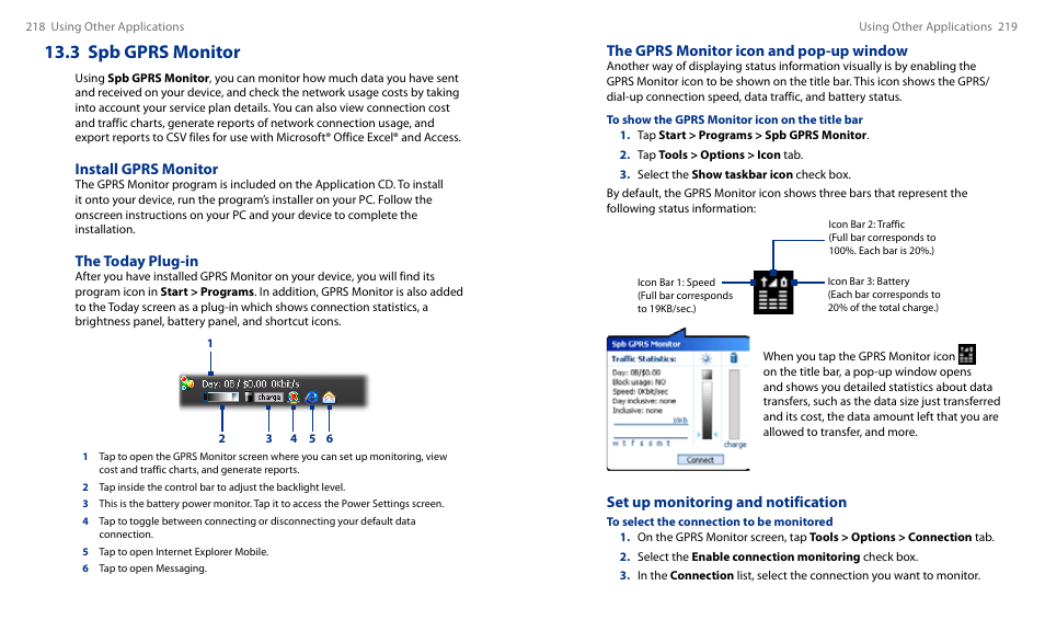 3 spb gprs monitor, The gprs monitor icon and pop-up window, Set up monitoring and notification | Install gprs monitor, The today plug-in | HTC Touch HS S00 User Manual | Page 123 / 135