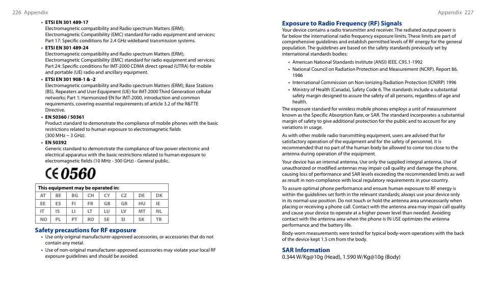 Exposure to radio frequency (rf) signals, Sar information, Safety precautions for rf exposure | HTC Touch HS S00 User Manual | Page 128 / 135