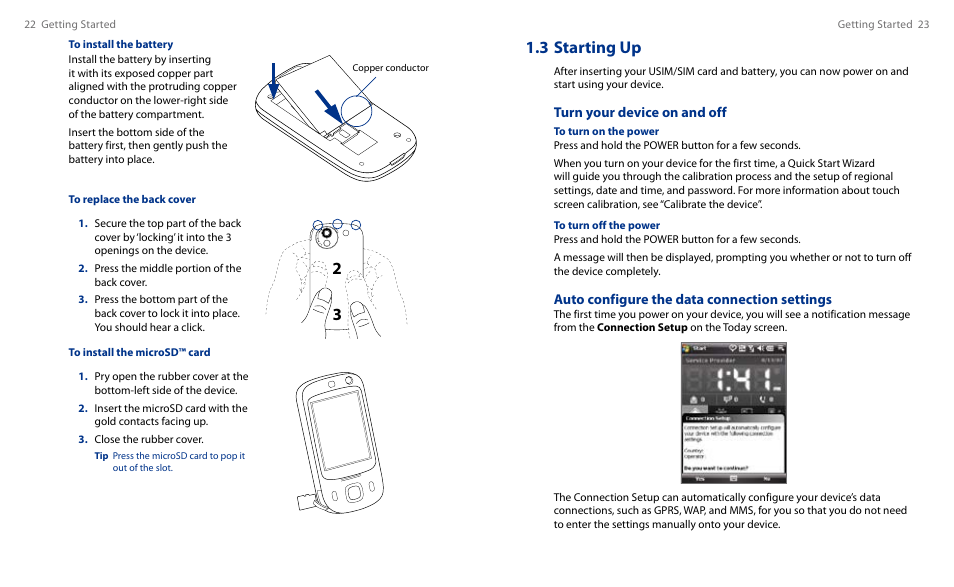 3 starting up, Turn your device on and off, Auto configure the data connection settings | HTC Touch HS S00 User Manual | Page 13 / 135