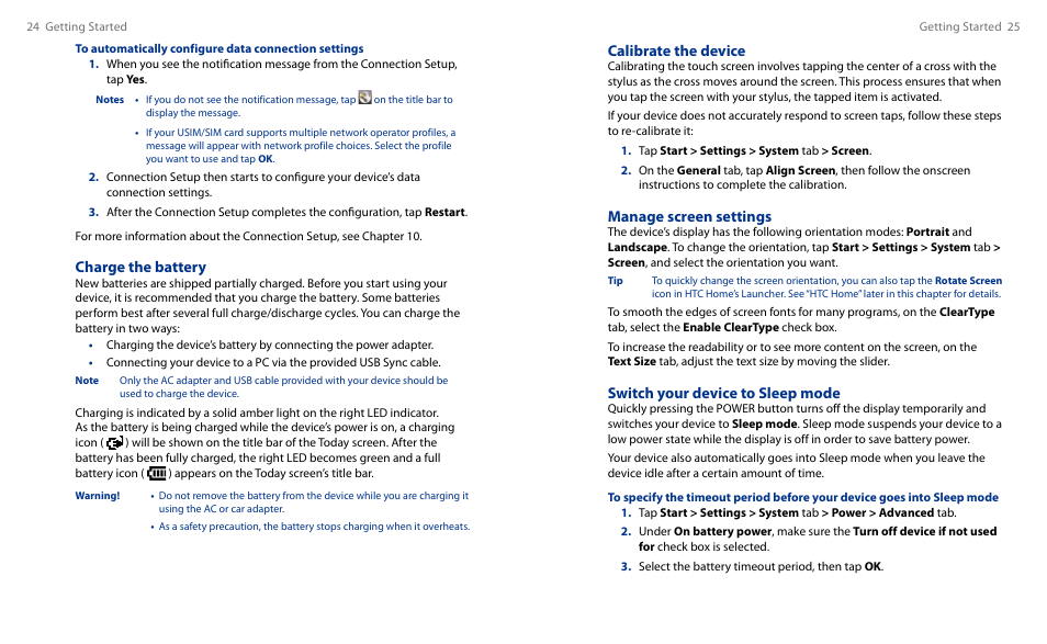 Calibrate the device, Manage screen settings, Switch your device to sleep mode | Charge the battery | HTC Touch HS S00 User Manual | Page 14 / 135