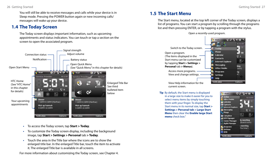 4 the today screen, 5 the start menu | HTC Touch HS S00 User Manual | Page 15 / 135