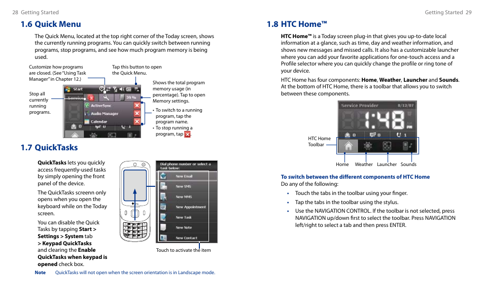 6 quick menu, 7 quicktasks, 8 htc home | HTC Touch HS S00 User Manual | Page 16 / 135