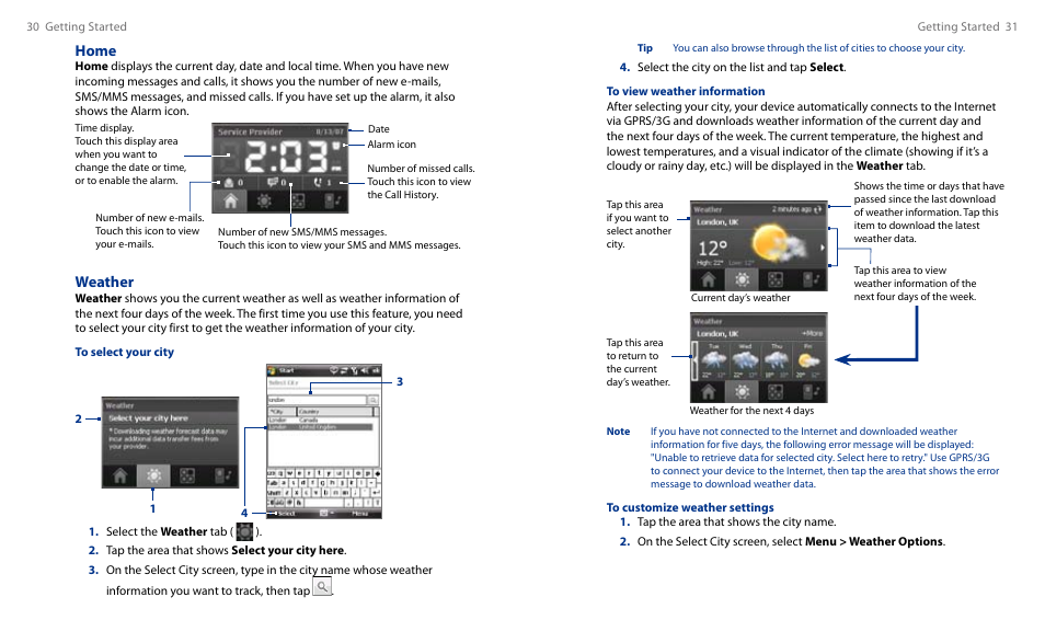 Home, Weather | HTC Touch HS S00 User Manual | Page 17 / 135