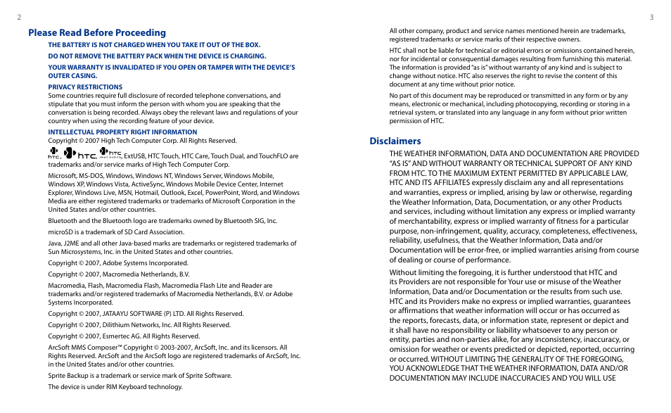 Please read before proceeding, Disclaimers | HTC Touch HS S00 User Manual | Page 2 / 135
