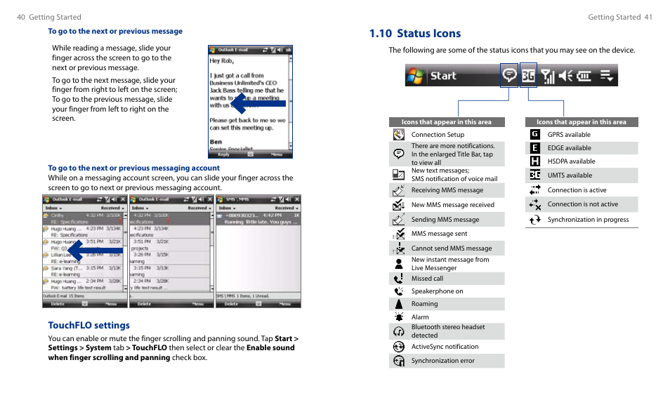 10 status icons, Touchflo settings | HTC Touch HS S00 User Manual | Page 22 / 135