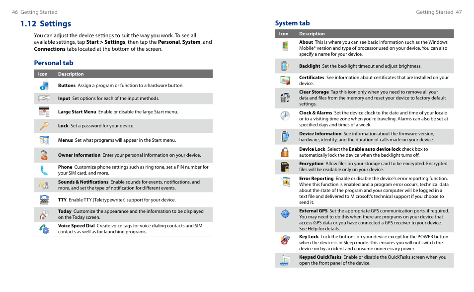 12 settings, System tab, Personal tab | HTC Touch HS S00 User Manual | Page 25 / 135