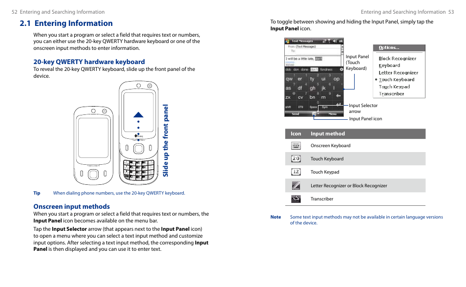 1 entering information, Key qwerty hardware keyboard, Slide up the fr on t panel | Onscreen input methods | HTC Touch HS S00 User Manual | Page 29 / 135
