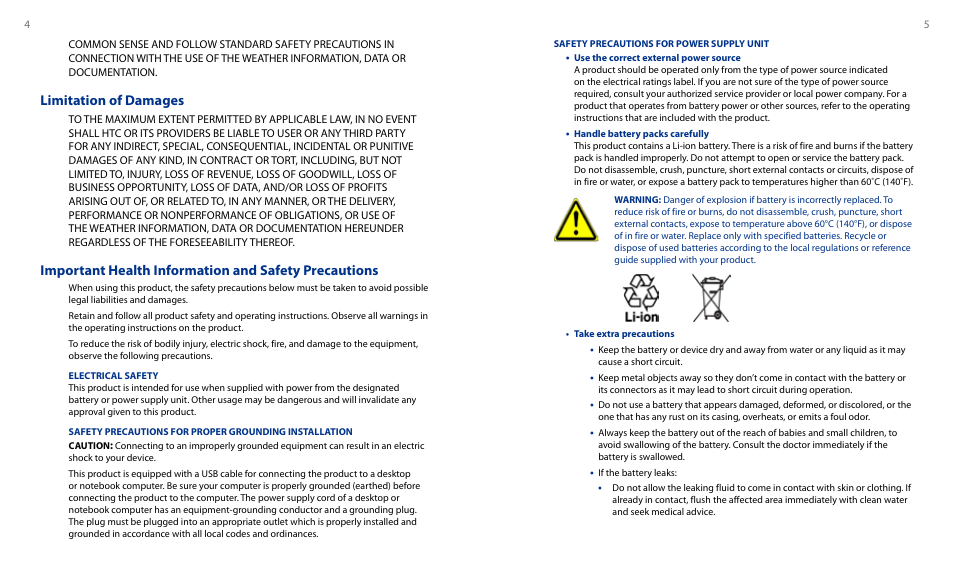 Limitation of damages | HTC Touch HS S00 User Manual | Page 3 / 135