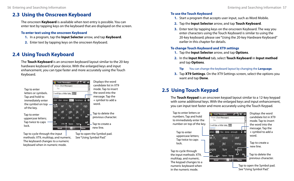 3 using the onscreen keyboard, 4 using touch keyboard, 5 using touch keypad | HTC Touch HS S00 User Manual | Page 31 / 135