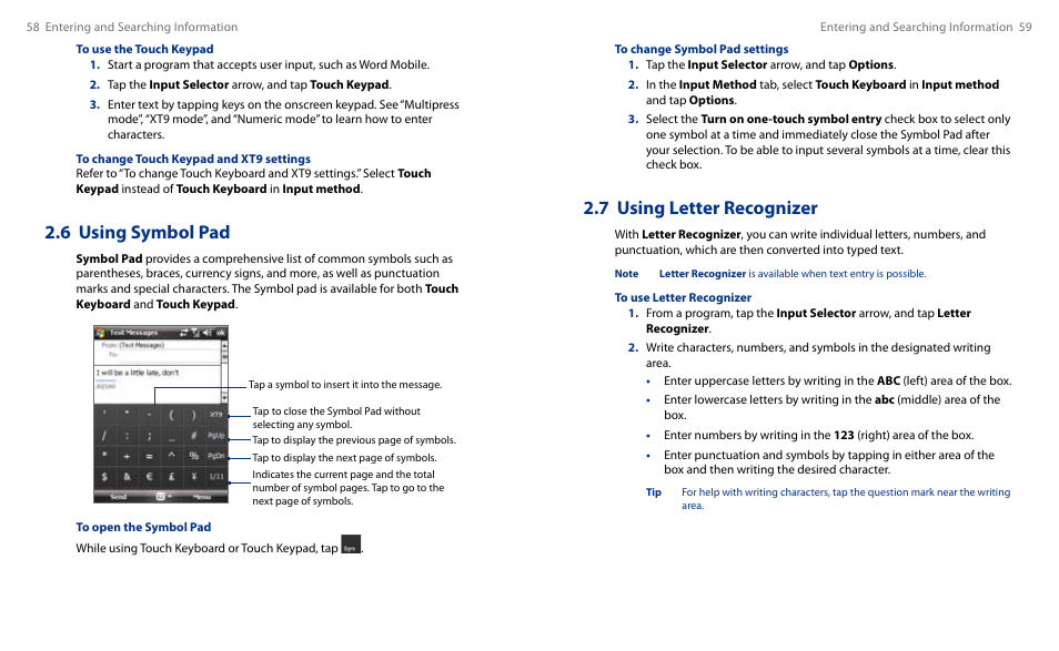 5 using touch keypad, 6 using symbol pad, 7 using letter recognizer | HTC Touch HS S00 User Manual | Page 32 / 135