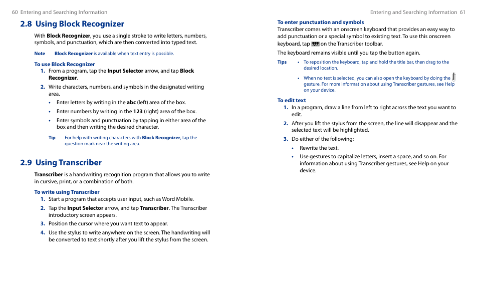 7 using letter recognizer, 8 using block recognizer, 9 using transcriber | HTC Touch HS S00 User Manual | Page 33 / 135