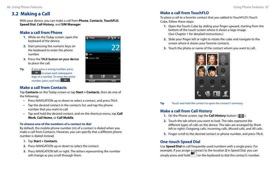 2 making a call, Make a call from touchflo, Make a call from call history | One-touch speed dial, Make a call from phone, Make a call from contacts | HTC Touch HS S00 User Manual | Page 37 / 135