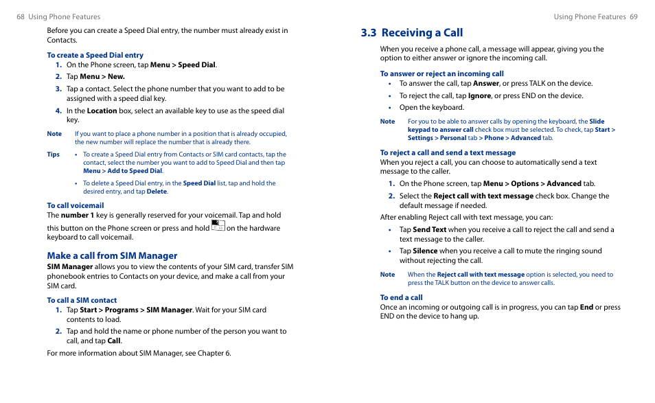 3 receiving a call, Make a call from sim manager | HTC Touch HS S00 User Manual | Page 38 / 135
