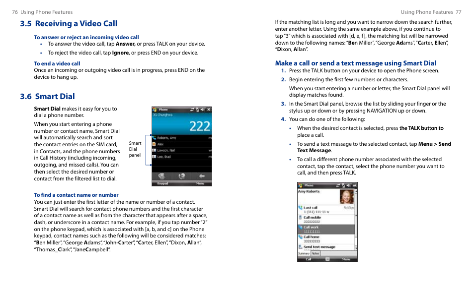 5 receiving a video call, 6 smart dial | HTC Touch HS S00 User Manual | Page 42 / 135