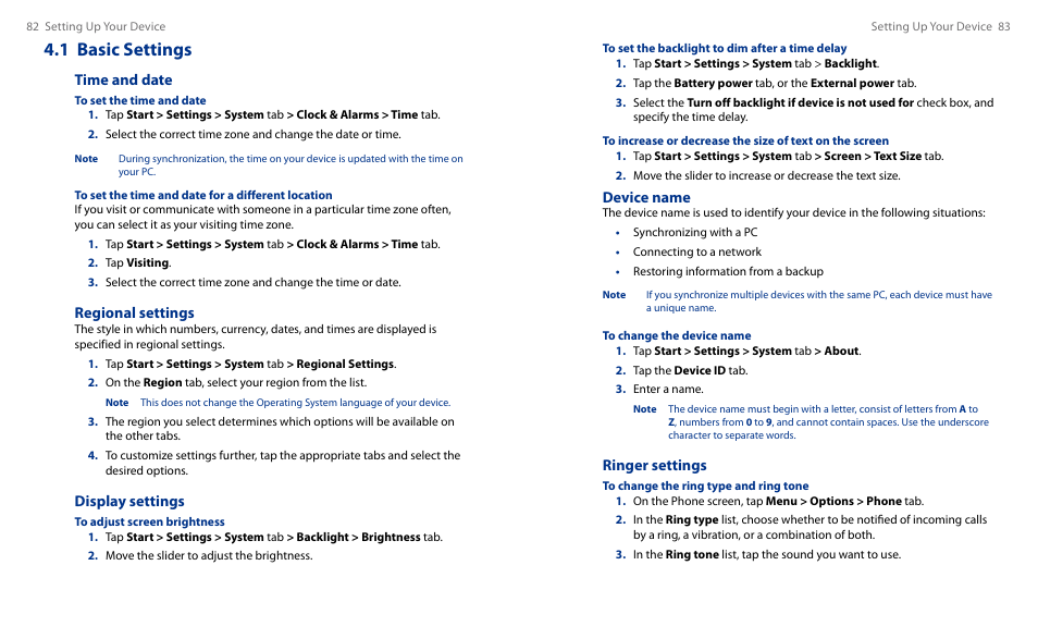 1 basic settings, Device name, Ringer settings | Time and date, Regional settings, Display settings | HTC Touch HS S00 User Manual | Page 46 / 135