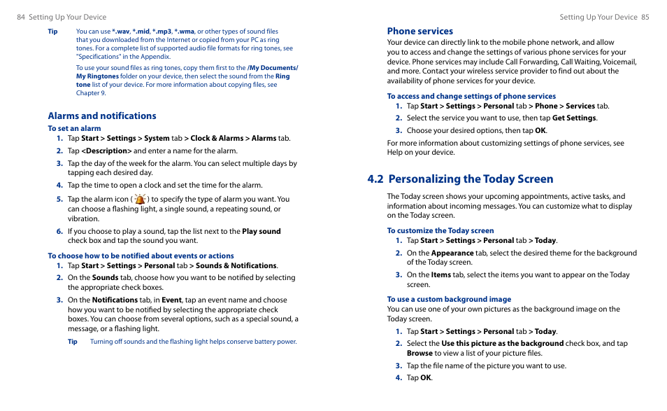 2 personalizing the today screen, Phone services, Alarms and notifications | HTC Touch HS S00 User Manual | Page 47 / 135