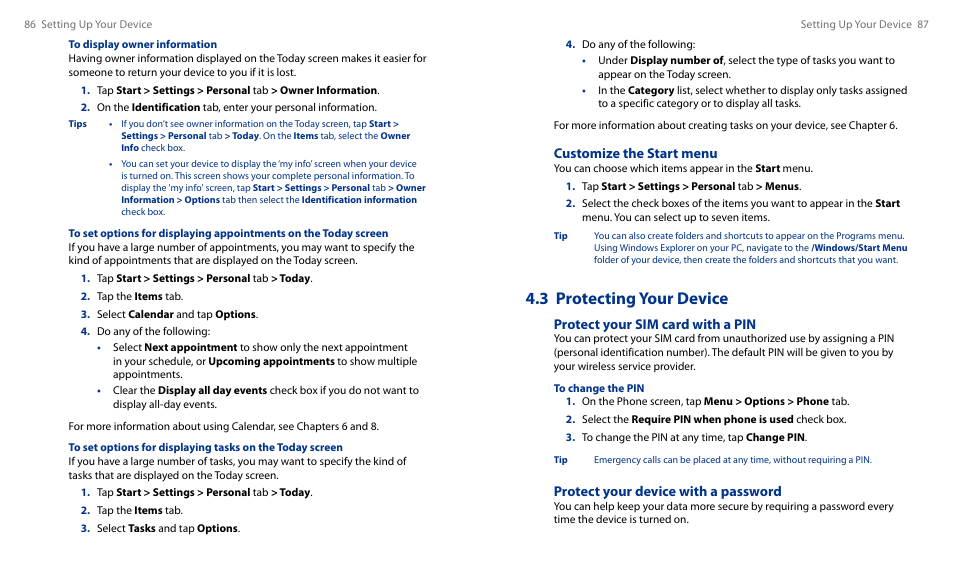 3 protecting your device, Customize the start menu, Protect your sim card with a pin | Protect your device with a password | HTC Touch HS S00 User Manual | Page 48 / 135