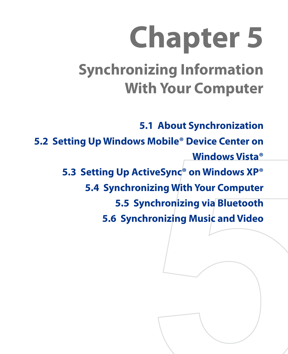 Chapter 5, Synchronizing information with your computer | HTC Touch HS S00 User Manual | Page 50 / 135