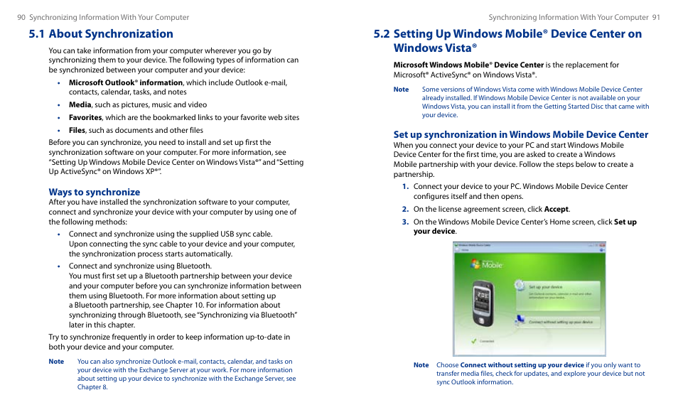 1 about synchronization, 2 setting up windows mobile® device center on, Ways to synchronize | HTC Touch HS S00 User Manual | Page 51 / 135