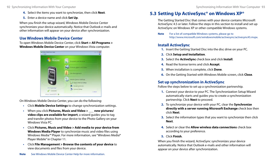 3 setting up activesync® on windows xp, Install activesync, Set up synchronization in activesync | Use windows mobile device center | HTC Touch HS S00 User Manual | Page 52 / 135