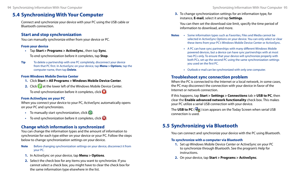 4 synchronizing with your computer, 5 synchronizing via bluetooth, Troubleshoot sync connection problem | Start and stop synchronization, Change which information is synchronized | HTC Touch HS S00 User Manual | Page 53 / 135