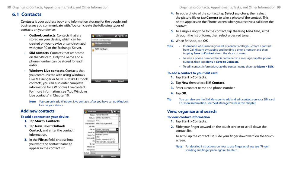 1 contacts, View, organize and search, Add new contacts | HTC Touch HS S00 User Manual | Page 56 / 135