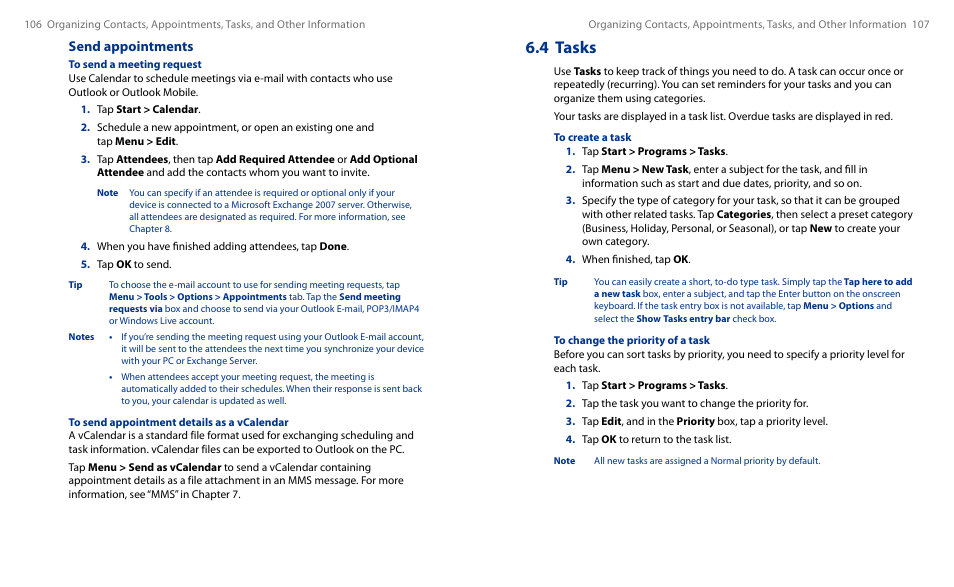 4 tasks, Send appointments | HTC Touch HS S00 User Manual | Page 60 / 135