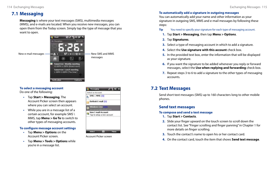 1 messaging, 2 text messages, Send text messages | HTC Touch HS S00 User Manual | Page 65 / 135