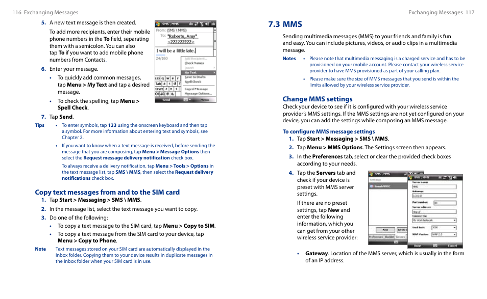 3 mms, Change mms settings, Copy text messages from and to the sim card | HTC Touch HS S00 User Manual | Page 66 / 135
