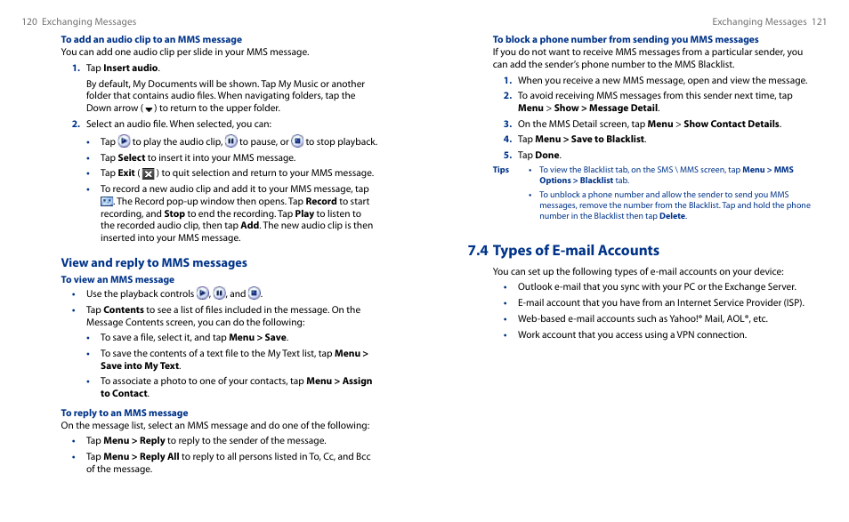 4 types of e-mail accounts, View and reply to mms messages | HTC Touch HS S00 User Manual | Page 68 / 135