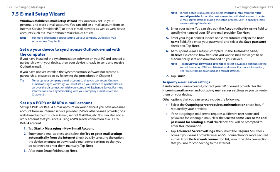 5 e-mail setup wizard, Set up a pop3 or imap4 e-mail account | HTC Touch HS S00 User Manual | Page 69 / 135