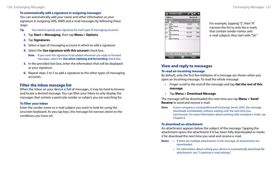 View and reply to messages, Filter the inbox message list | HTC Touch HS S00 User Manual | Page 71 / 135