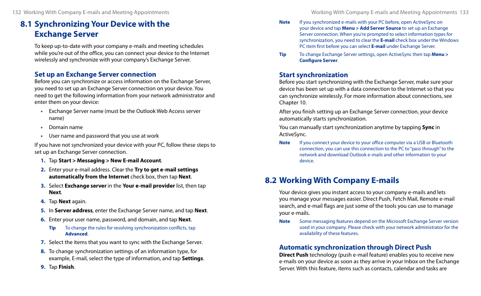 1 synchronizing your device with the, Exchange server, 2 working with company e-mails | Start synchronization, Automatic synchronization through direct push, Set up an exchange server connection | HTC Touch HS S00 User Manual | Page 75 / 135