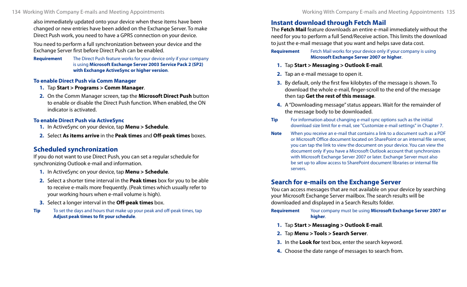 Instant download through fetch mail, Search for e-mails on the exchange server, Scheduled synchronization | HTC Touch HS S00 User Manual | Page 76 / 135