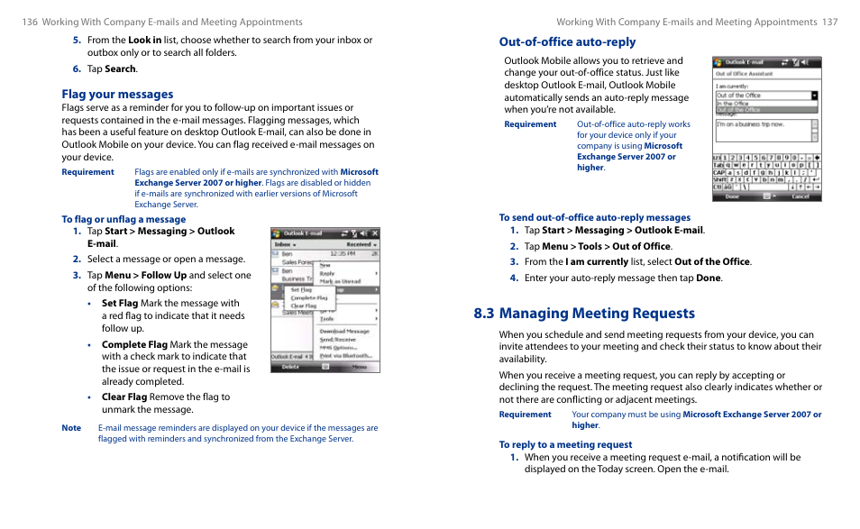 3 managing meeting requests, Out-of-office auto-reply, Flag your messages | HTC Touch HS S00 User Manual | Page 77 / 135