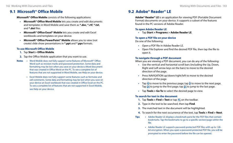 1 microsoft® office mobile, 2 adobe® reader® le | HTC Touch HS S00 User Manual | Page 81 / 135