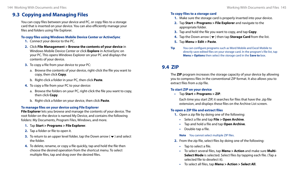 3 copying and managing files, 4 zip | HTC Touch HS S00 User Manual | Page 82 / 135