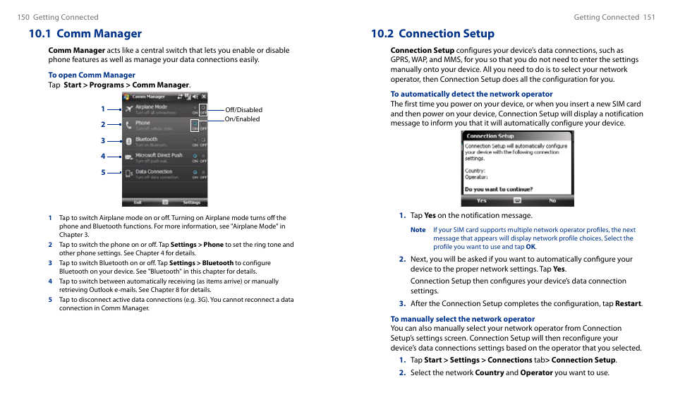 1 comm manager, 2 connection setup | HTC Touch HS S00 User Manual | Page 86 / 135